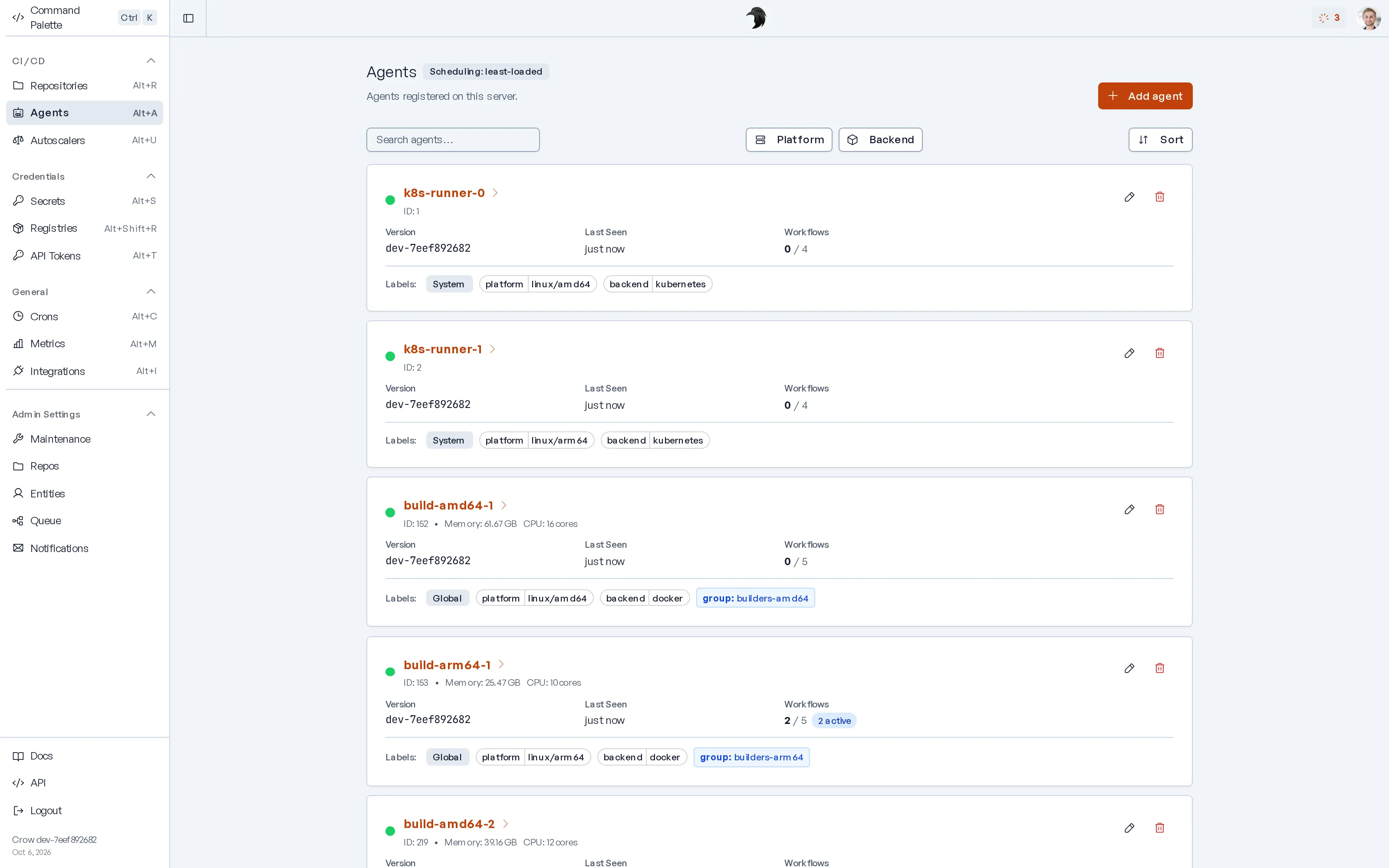 The Crow agent list with labels, versions and workflow capacity