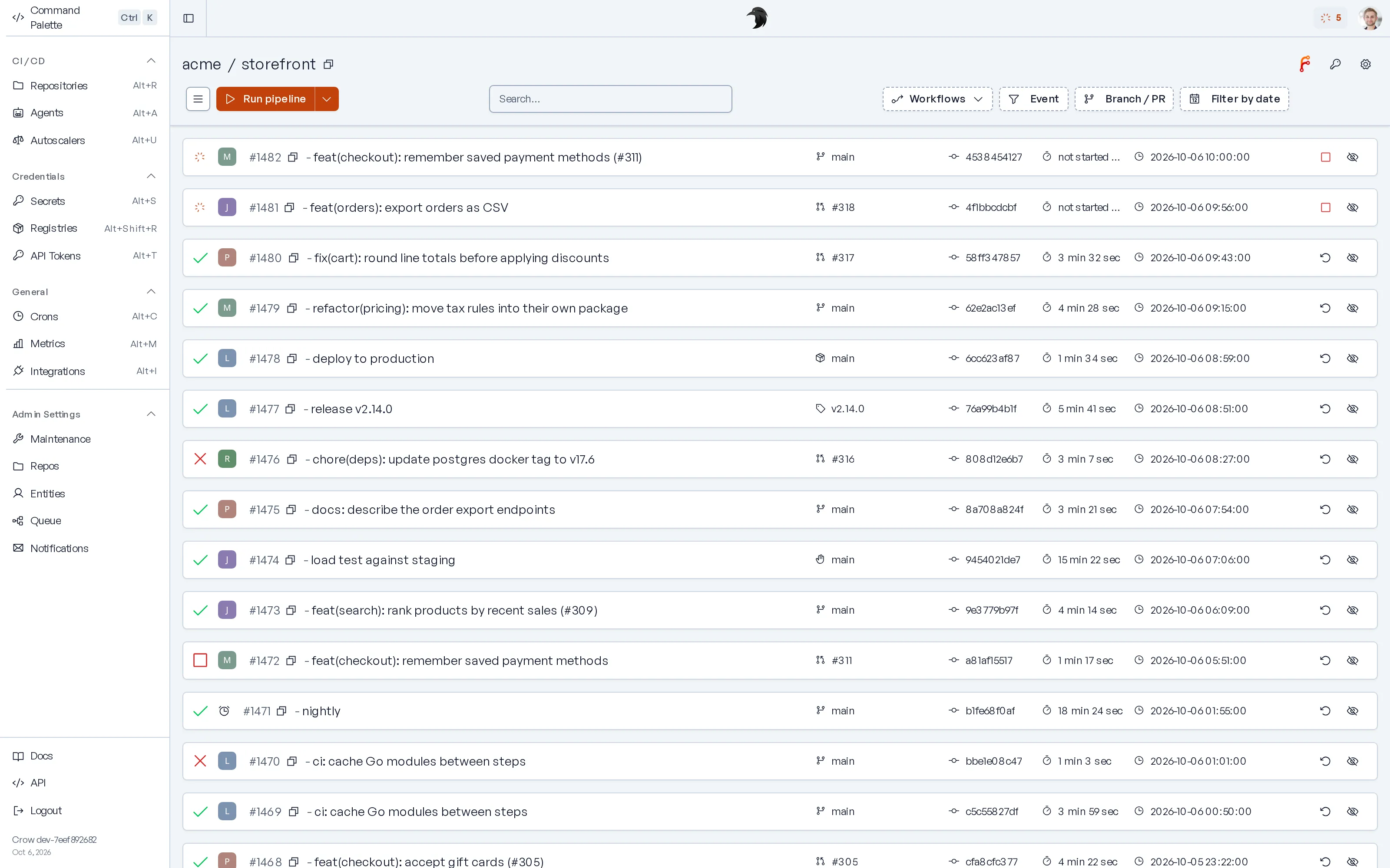 The pipeline list of a repository in Crow